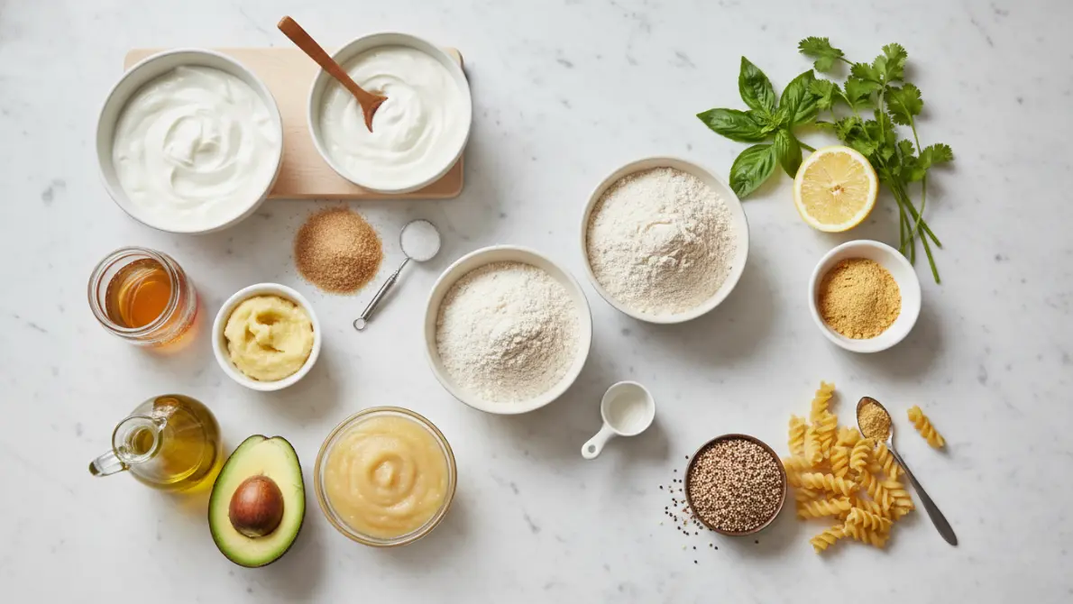 A kitchen counter filled with healthy ingredients like avocado, oats, and honey representing food swaps.