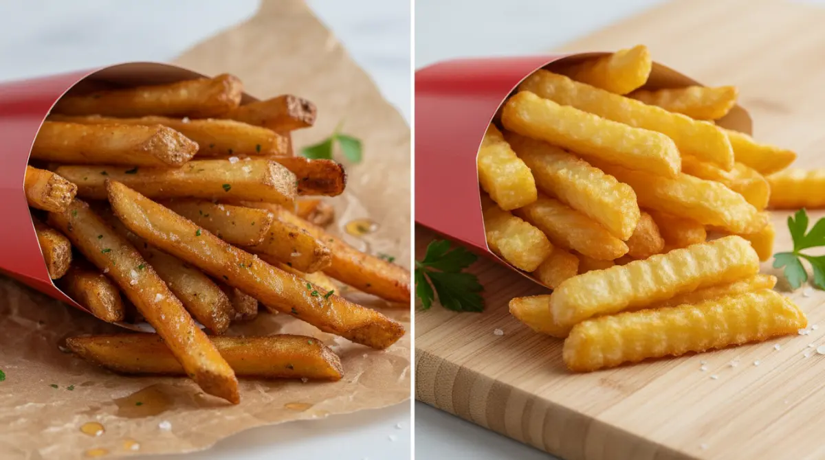 Split screen comparison: Greasy deep fried fries on the left vs crispy golden air fried fries on the right.