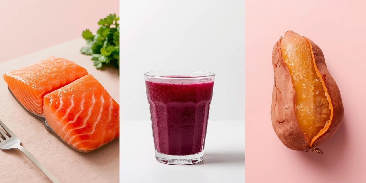 A collage of healthy food for athletes, including salmon, beetroot juice, and a sweet potato, for performance and recovery.