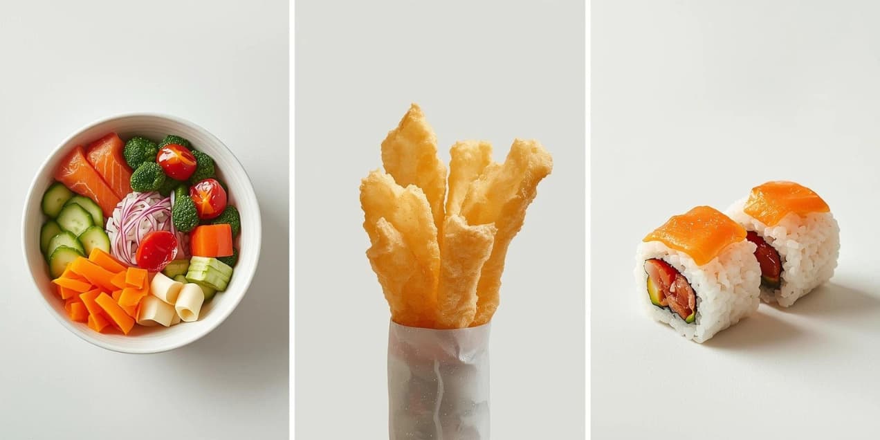 A collage of healthy Japanese food, including a poke bowl, air-fried tempura, and a healthy sushi roll.