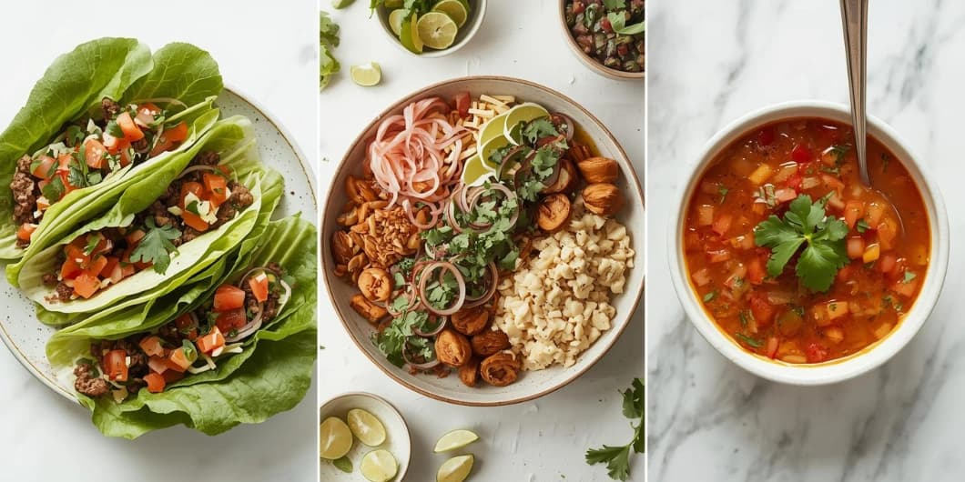 A collage of healthy Mexican food, including lettuce-wrap tacos, a burrito bowl, and fresh salsa.