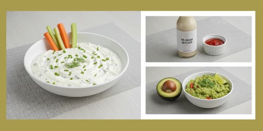A collage of healthy sauces and condiments, including Greek yogurt ranch, no-sugar ketchup, and avocado.