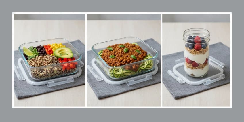 A collage of healthy meal prep containers featuring quinoa bowls, lentil bolognese with zoodles, and Greek yogurt parfaits.