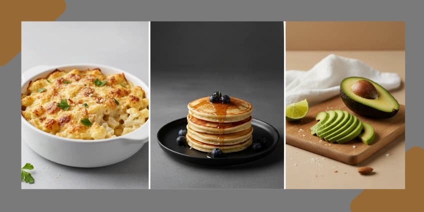A collage of delicious keto food swaps, including cauliflower mac and cheese, almond flour pancakes, and avocado.